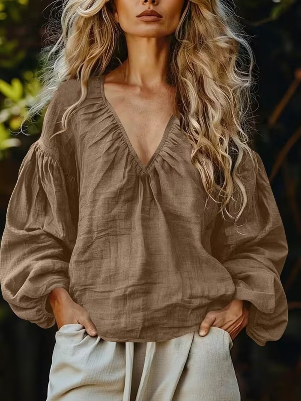 Brown Long Sleeve V-Neck Peasant Blouse